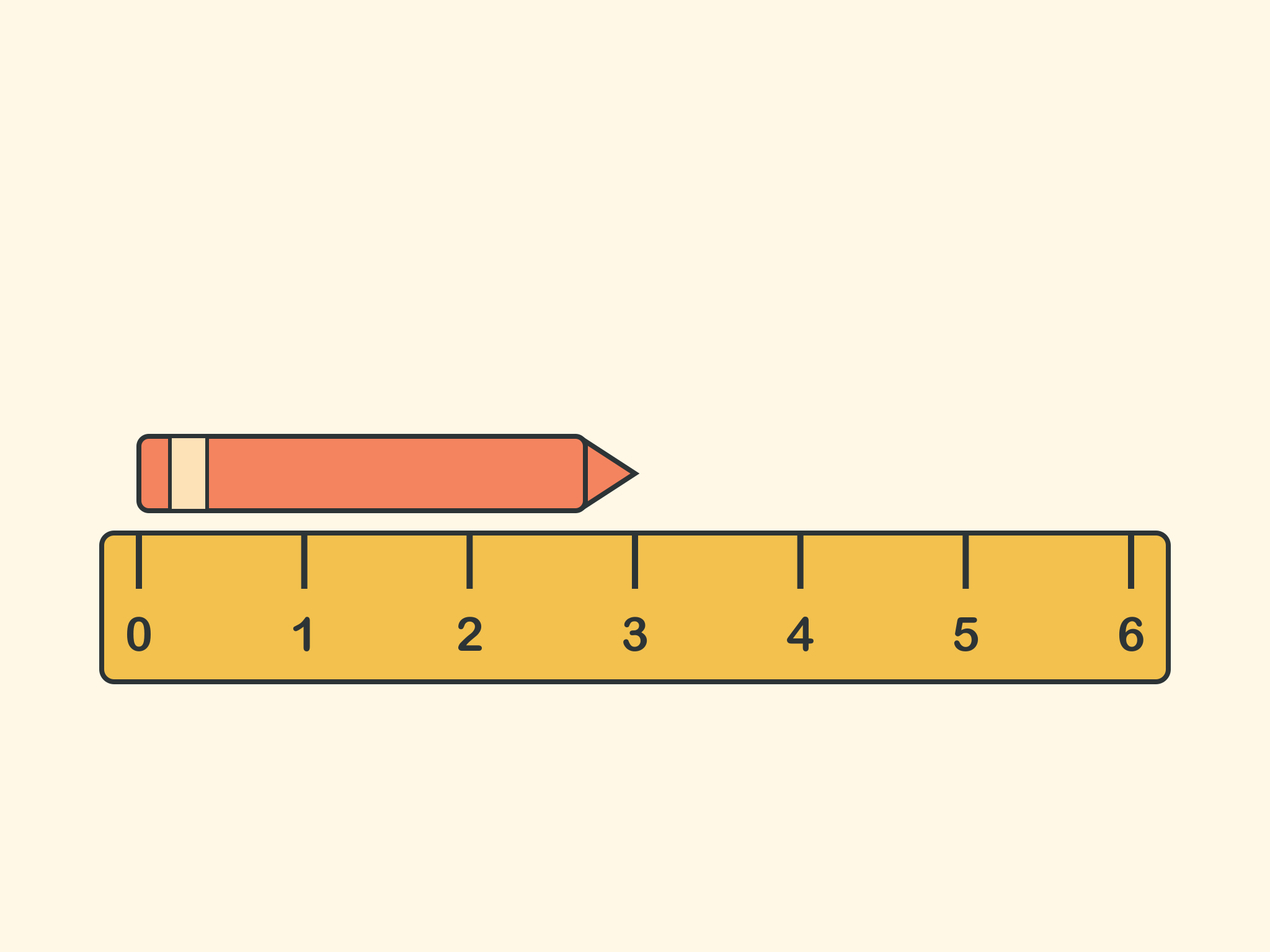 An orange crayon on a ruler, starting at 0.