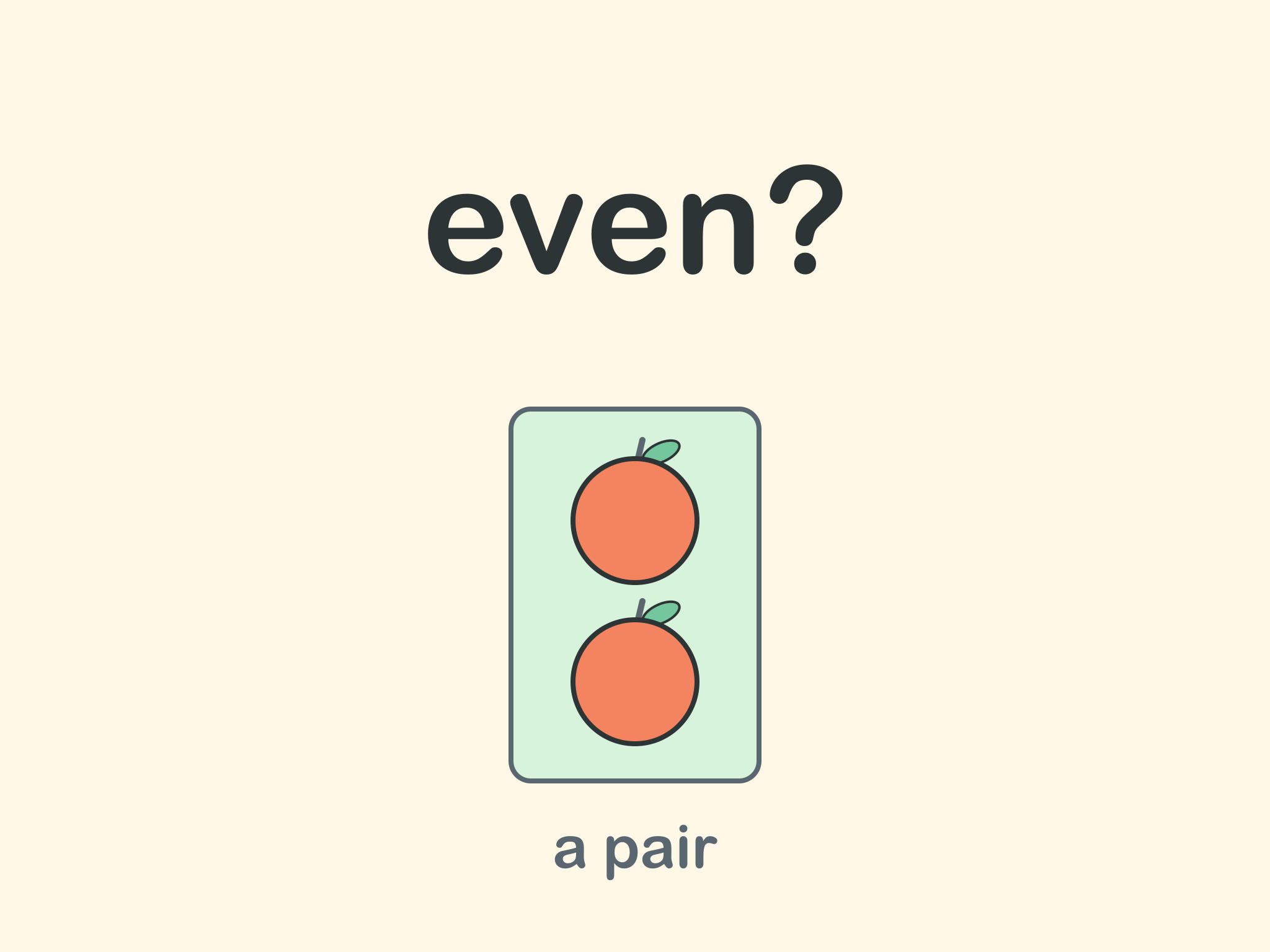 The word even with a question mark above a green box holding a pair of apples.