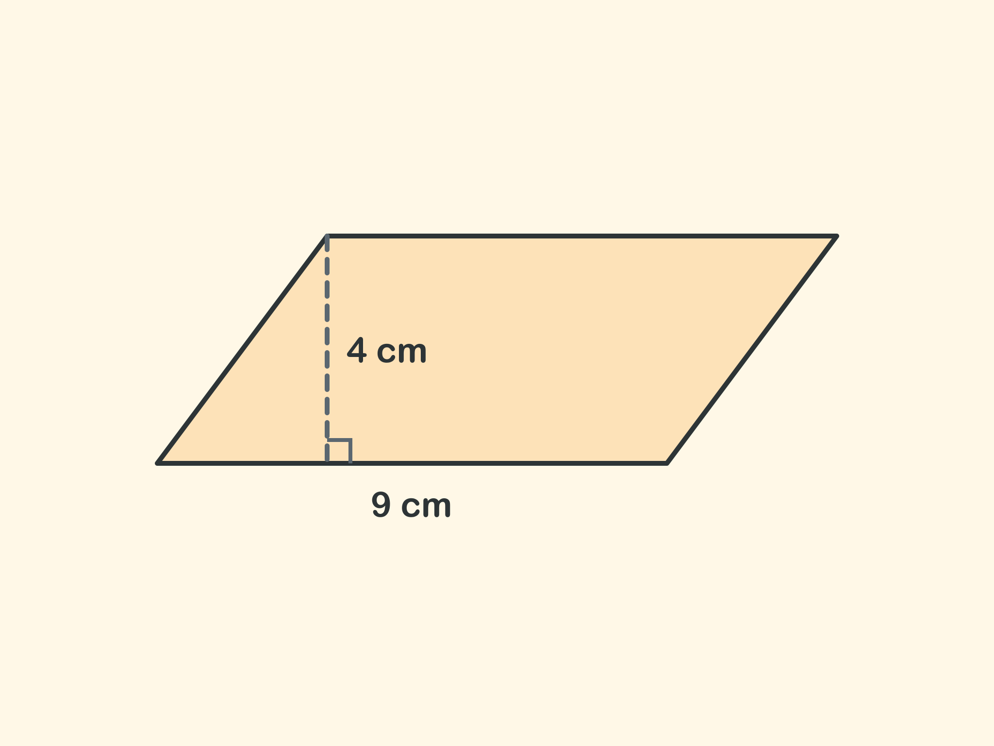 A parallelogram with a base of 9 centimeters and a dashed height of 4 centimeters.